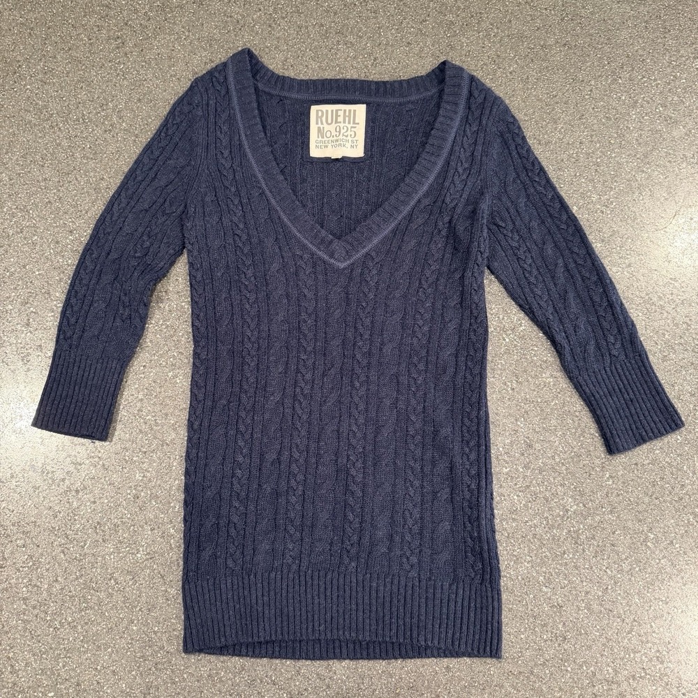 RUEHL NO 925 Sweater Womens Large Blue Fitted Cable Knit Deep V-Neck‎ Retro Y2K